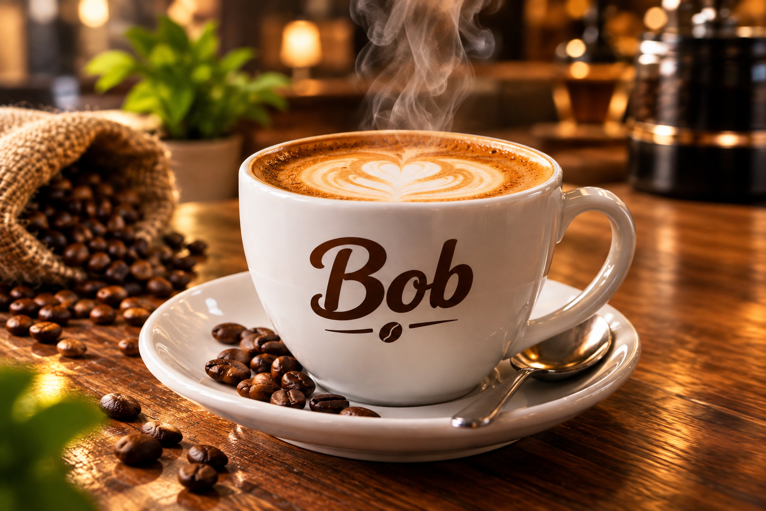 A Bob One branded cappuccino with latte art on a wooden table